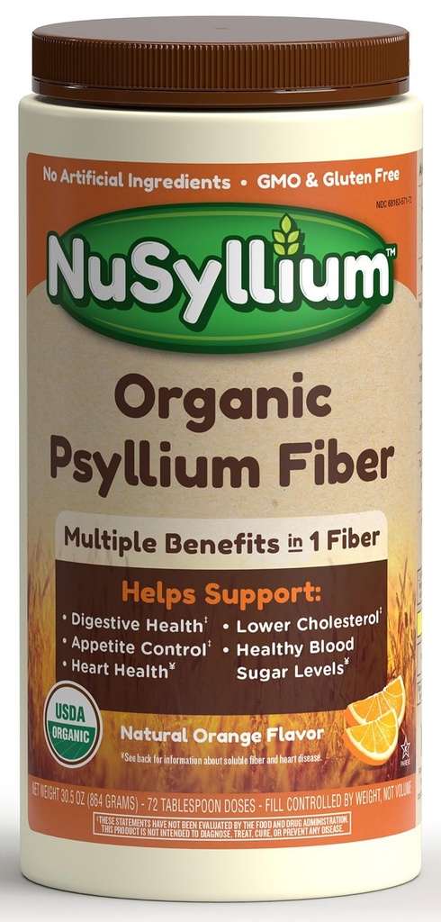 NuSyllium Pyllium Husk Powder, USDA Organic, 30.5 Oz, Dietetyczny Fiber Suplement z brązowym cukrem, Pomaga Digestive Health * Natural Orange, 72 Służenie