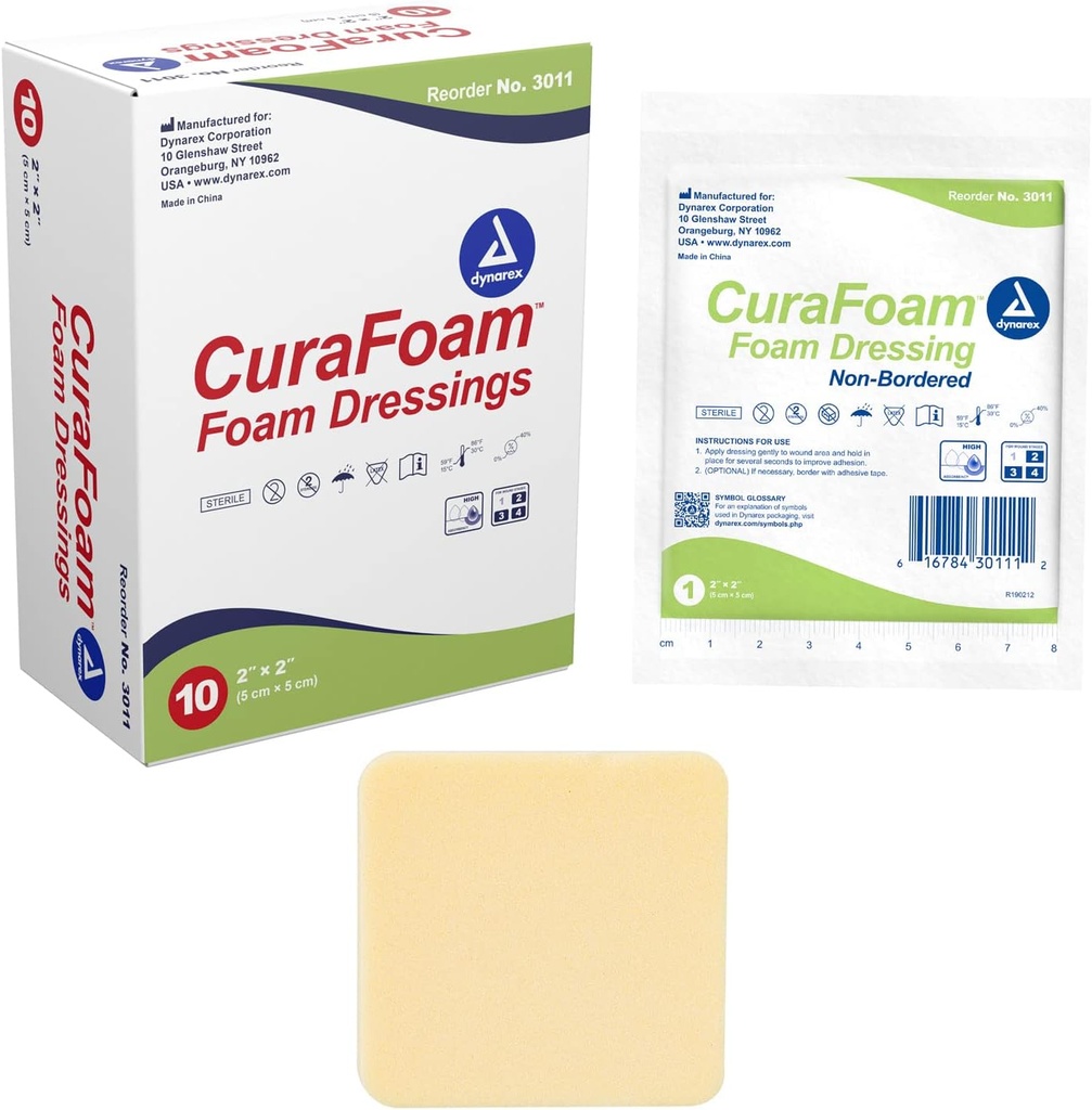 Dynarex 3011 CuraFoam Dressing, Non-Borded, Steryl, Zapewnia kushioned i wilgotnej opieki nad ranami, 2 "x 2", Opakowanie 10