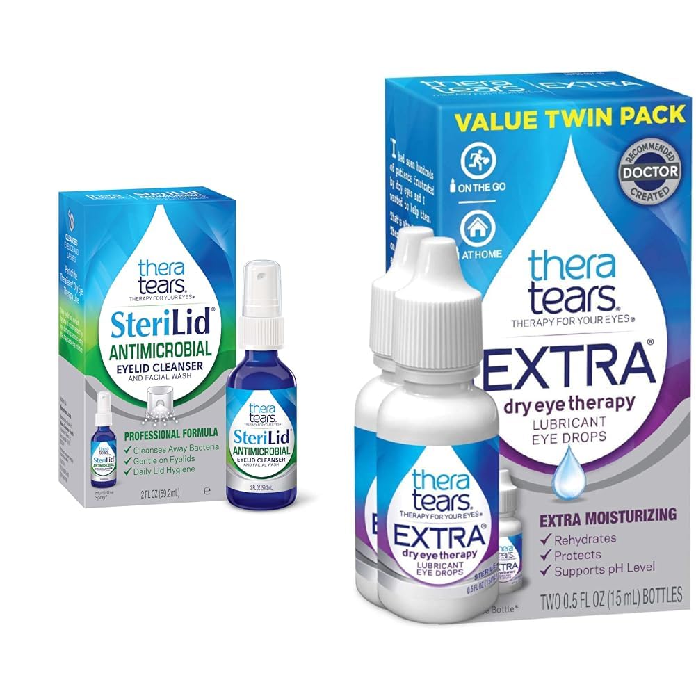 TheraTears Extra Suchy Oko Terapia smarowanie krople do oczu dla suchych oczu, 0,5 fl Oz Butelka, 2 Count & Sterylid Mycie oczu i twarzy, dla podrażnionych oczu, 2 fl Oz Spray