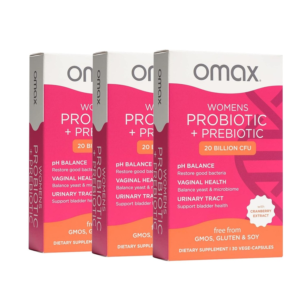 Omax3 Womens Probiotic + Prebiotic, Żurawinowy i Chicory Root, 20 Billion CFU, 6 Klinicznie Pened Strains, pH pochwy, UTI, Bloating, (Packaging May Vary)