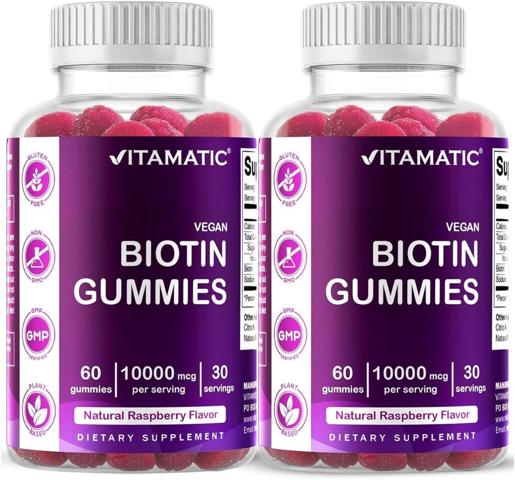 Vitamatic Gummies Biotin 10,000 µg dla silniejszych włosów, skóry i paznokci - 60 Wegańskie Gummies - również nazywane Witamina B7 (2 butelki)