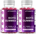 Vitamatic Gummies Biotin 10,000 µg dla silniejszych włosów, skóry i paznokci - 60 Wegańskie Gummies - również nazywane Witamina B7 (2 butelki)