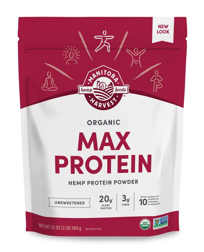 Manitoba Harvest Hemp Yeah Organic Max Protein Powder, Niesłodzony, 32oz, z 20 g Protein i 4,5 g Omegas 3 & 6 na Serving, Keto- Friendly, Preservative Free, Non-GMO, Packaging May Vary