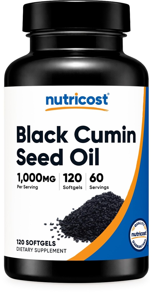 Nutricost Black Seed Oil (Cumin) - Cold Pressed, Źródło Omega 3 6 9- 120 Softgels, 1000mg Per Serving, 60 Służenia - Non-GMO i Gluten Free