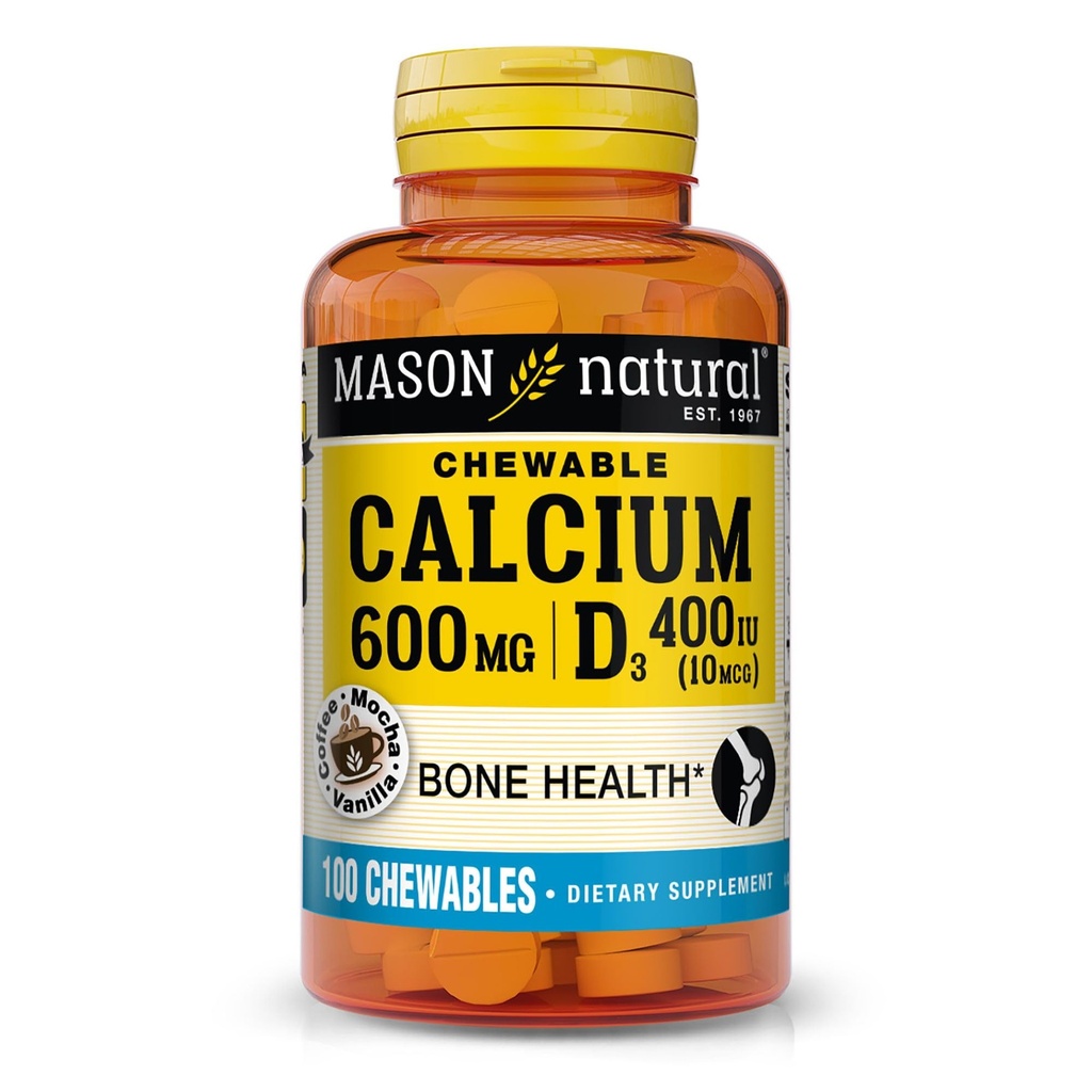MASON NATURAL wapń 600 mg z witaminą D3, 100 Day Supply, Wspiera zdrowe kości i normalne funkcje mięśni, aromat kawy Mocha, 100 Chewables