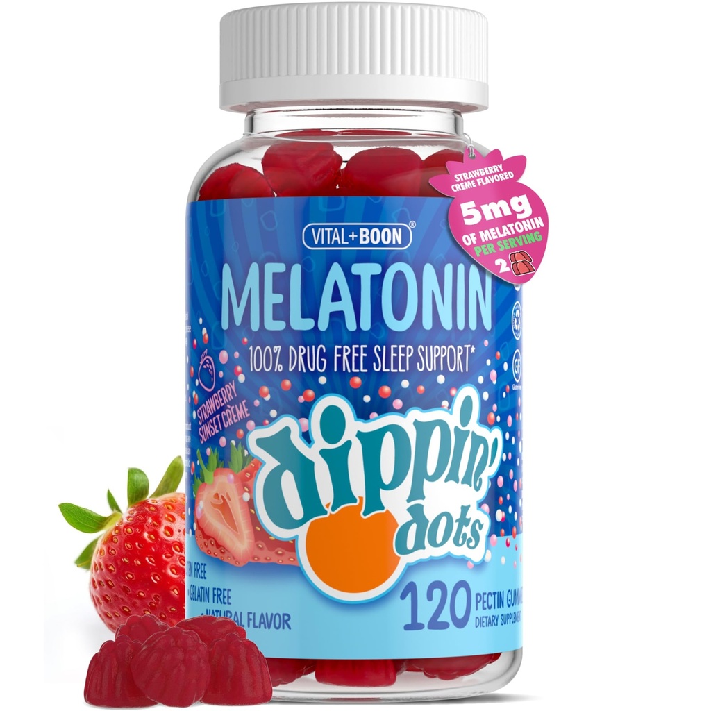 Dippin Dots - Melatonina Gummies dla dzieci i dorosłych (60 Days Supply) Truskawka Sunset Creme Flavor 124; 2,5 mg Per Kids Melatonin Supplement for Faster, Dłuższy sen Gummies dla dzieci (120 Count)