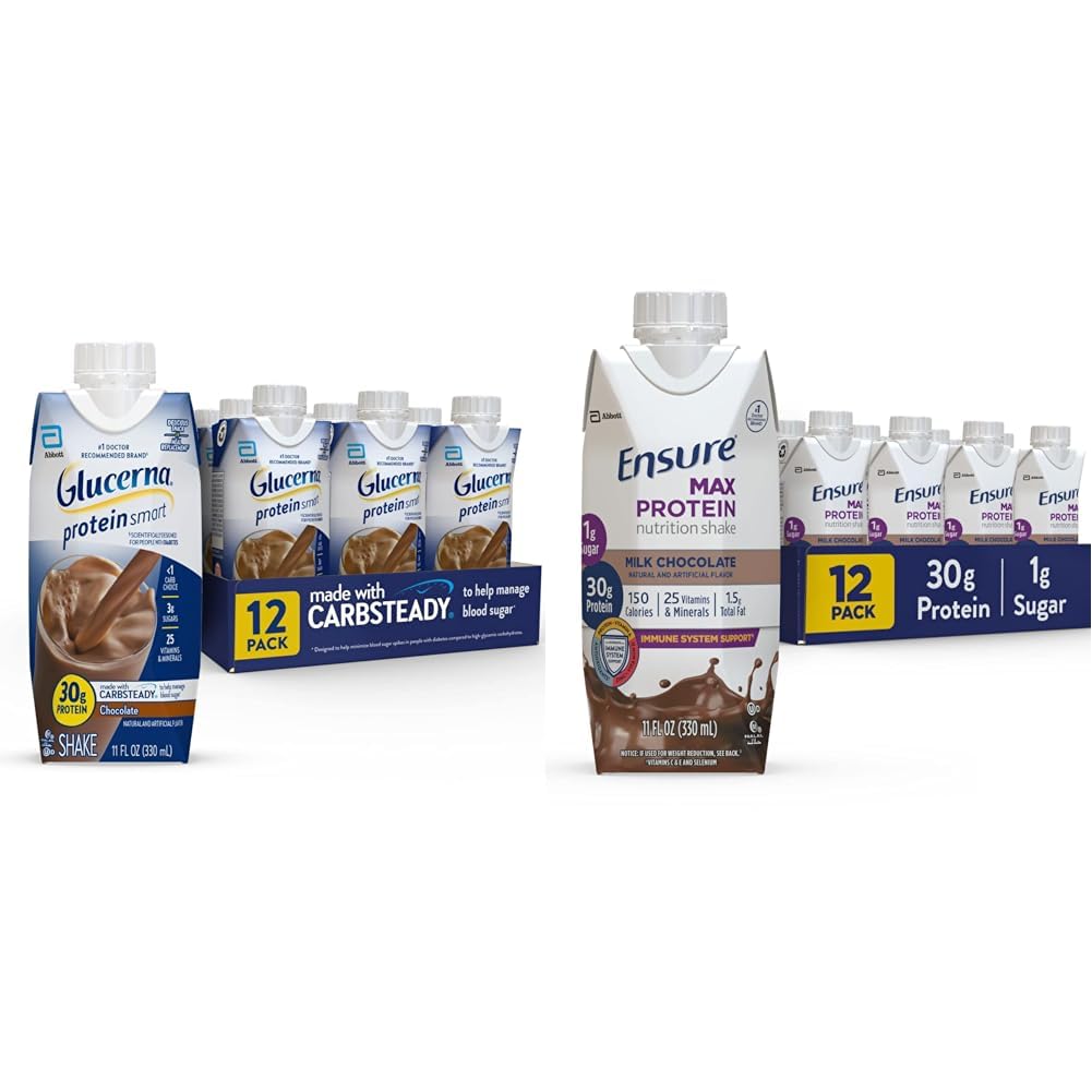 Glucerna Protein Smart Nutritional Shake & Upewnij się, że Max Protein Nutrition Shake z 30 g białka, 1 g cukru, wysoki shake protein, czekolada mleka, 11 Fl Oz (Opakowanie 12), Płyn, Halal