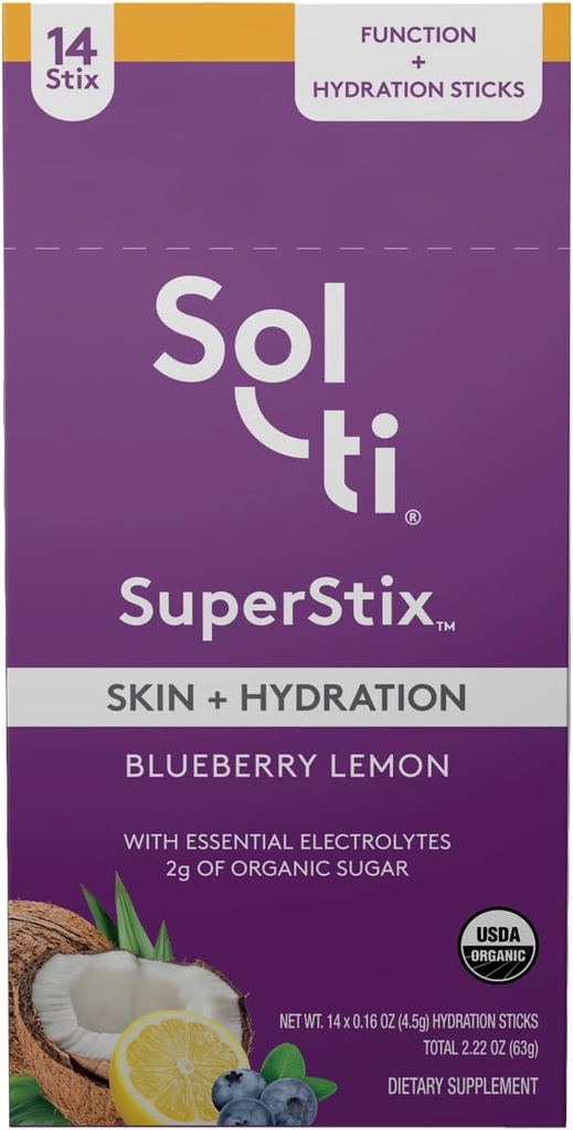 Sol- ti Organic Electrolyte Skin + Napoje nawadniające Mix, Superfood Hydration Sticks, SuperStix, Non-GMO, Wegan, Blueberry Lemon, 14 Jednodobowych Sticks