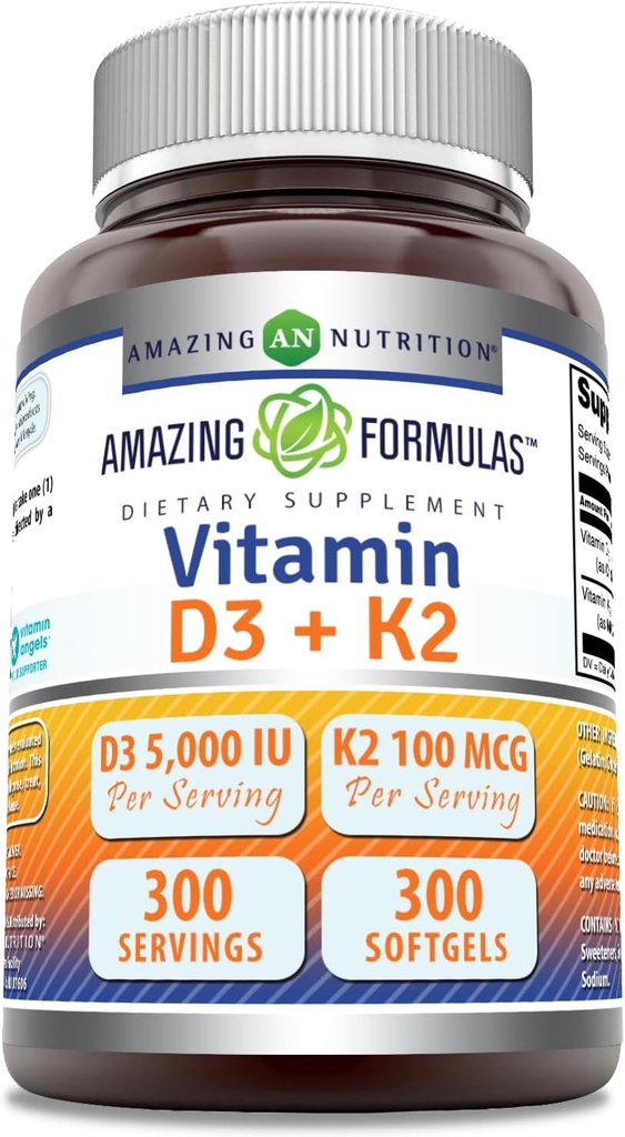 Niezwykłe witaminy D3 5000 j.m. z witaminą K2 100 Mcg XI124; D3 + K2 Complex Supplement XI124; Softgels XI124; Non-GMO XI124; Gluten- Free XI124; Made in USA (1 Pack, 300 Count)