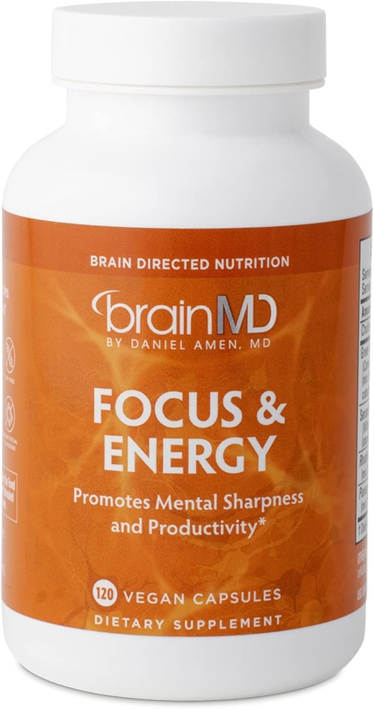 BRAINMD Dr Amen Focus & Energy - 120 Kapsułki, Opakowanie 2 - Promotes Concentration & Uwaga - Kofeina wolna, Gluten wolny - 60 Razem Sługi