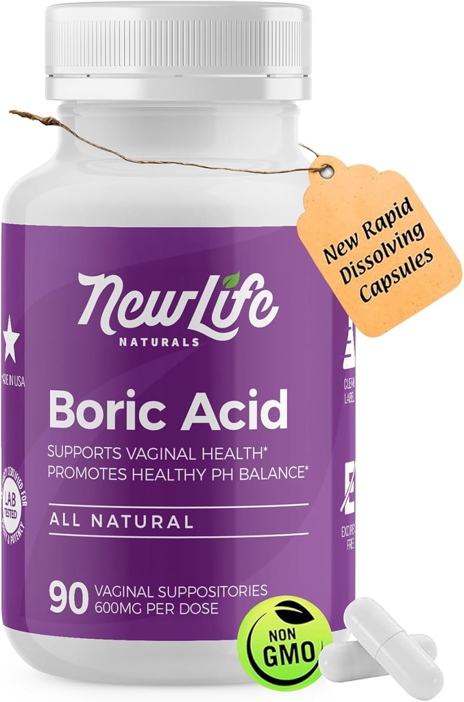 NewLife Naturals - Medical Grade Boric Acid Vaginal Supposeries - 600mg - 100% Pure Womens pH Balance Pills - Yeast Infection, BV - 90 Kapsułki: Made in USA