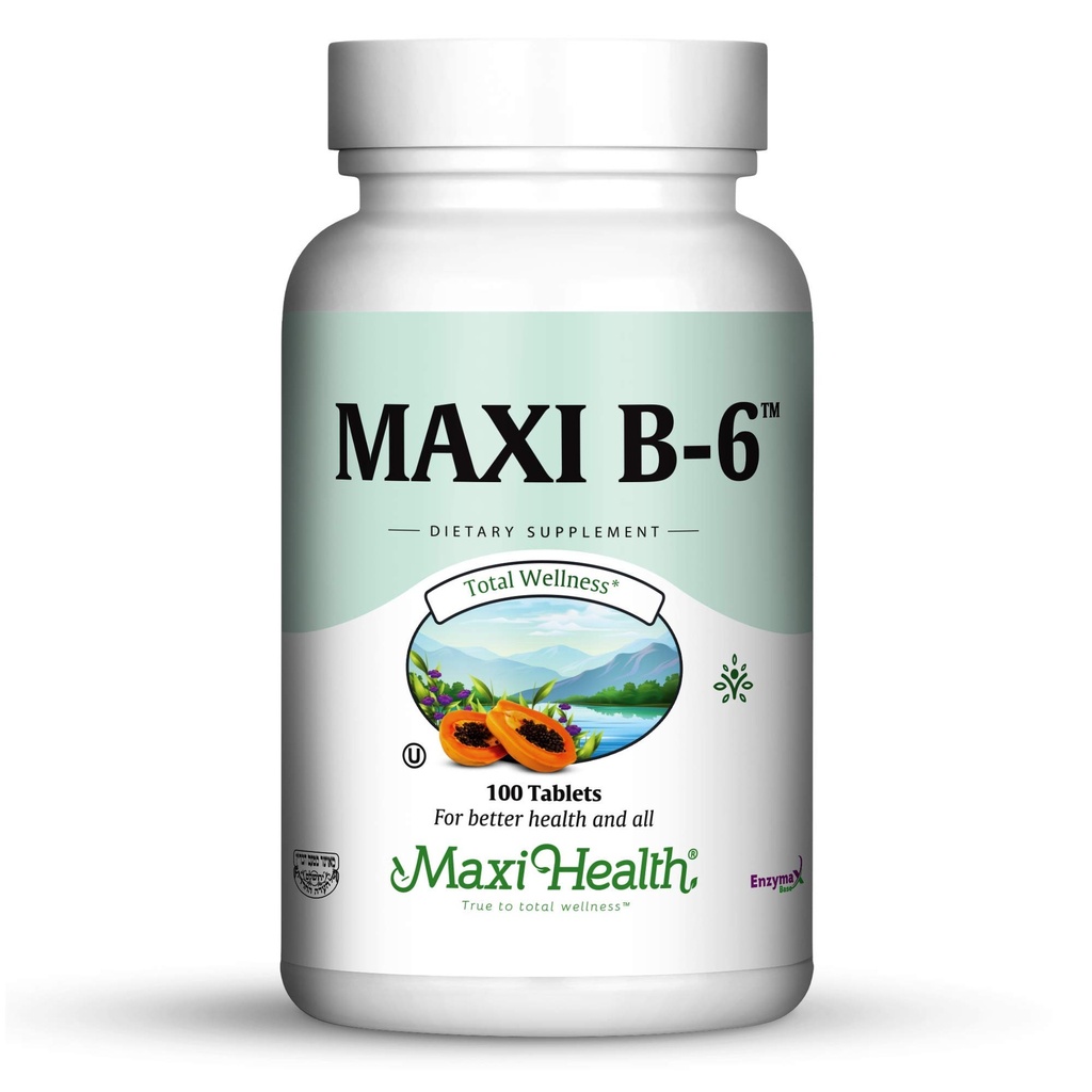 Maxi Health B- 6 - Witamina B6- 100 mg Zdrowie układu sercowo- naczyniowego - 100 tabletek - Kosher (100 liczenie, opakowanie po 2)