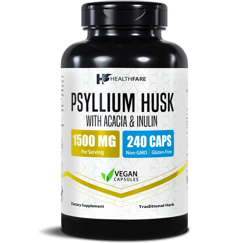 Healthfare Psyllium Husk Fiber 1500mg XI124; 240 Vegan Capsules XI124; Extra Force Fiber Supplement XI124; Supports Digestive Health XI124; Non-GMO, Gluten- Free XI124; Made in USA