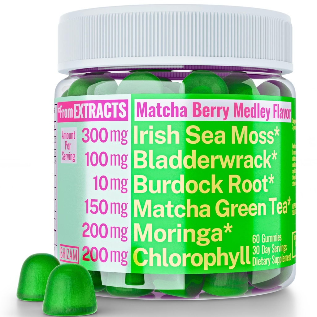 Moringa Irish Sea Moss Chlorophyll EGCg Zielona herbata Burdock Root Bladderwrack Super Zielone Gummies, Proszek Kapsułki Pigmenty płynne Krople Olejek suplementy Alt, Organiczny zielony Seamoss