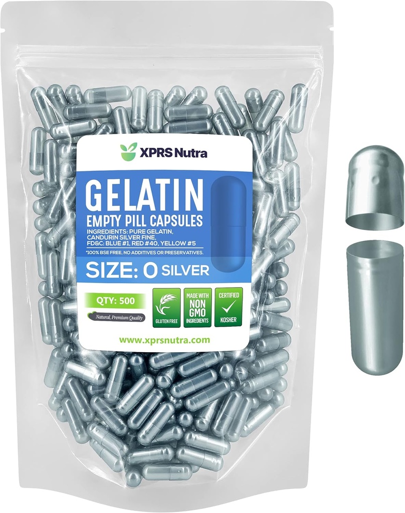 XPRS Nutra Rozmiar 0 Puste kapsułki - 500 Licz Puste kapsułki żelatynowe - Pigułki Diy Kapsułka Wypełnianie - Czysty żel piórowy dla bydła Kapsułki Do- It- Yourself Supplements (Silver)