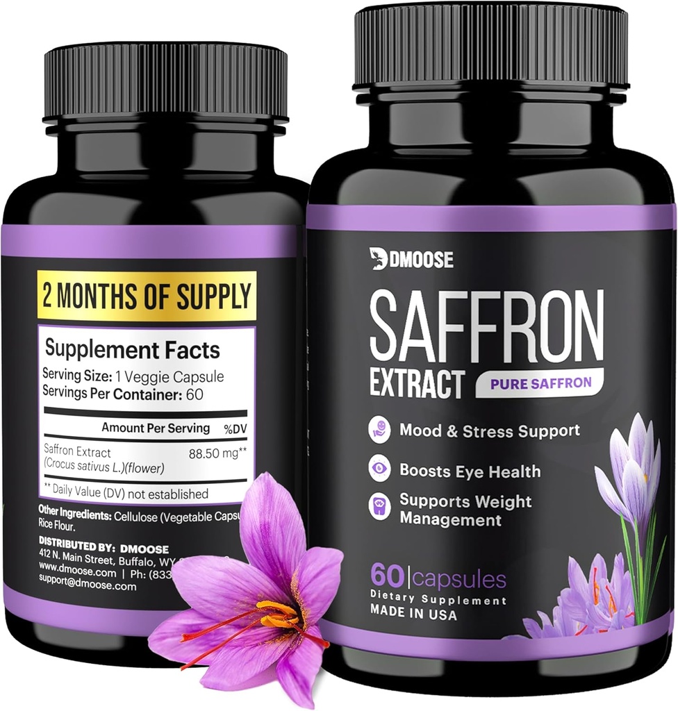 Ekstrakt Saffron Dmoose (88,5 mg) - Enhance Energy, Support Eye Health - Non-GMO Saffron Supplement for Men & Women - 60 Kapsułek (2 Miesiące Serwowania) (60 Liczba)