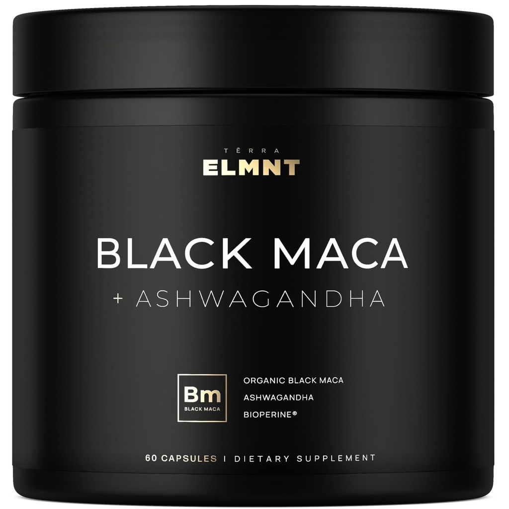 ELMNT 40,000mg 40x Siła Organic Black Maca Root w. Ashwagandha - # 1 Najwyższa Moc Black Maca Korzeń Kapsułki dla mężczyzn Suplement 40: 1 Ekstrakt - 100% Czysty Maca Peruana Maca w proszku Tabletki żelatynizowane