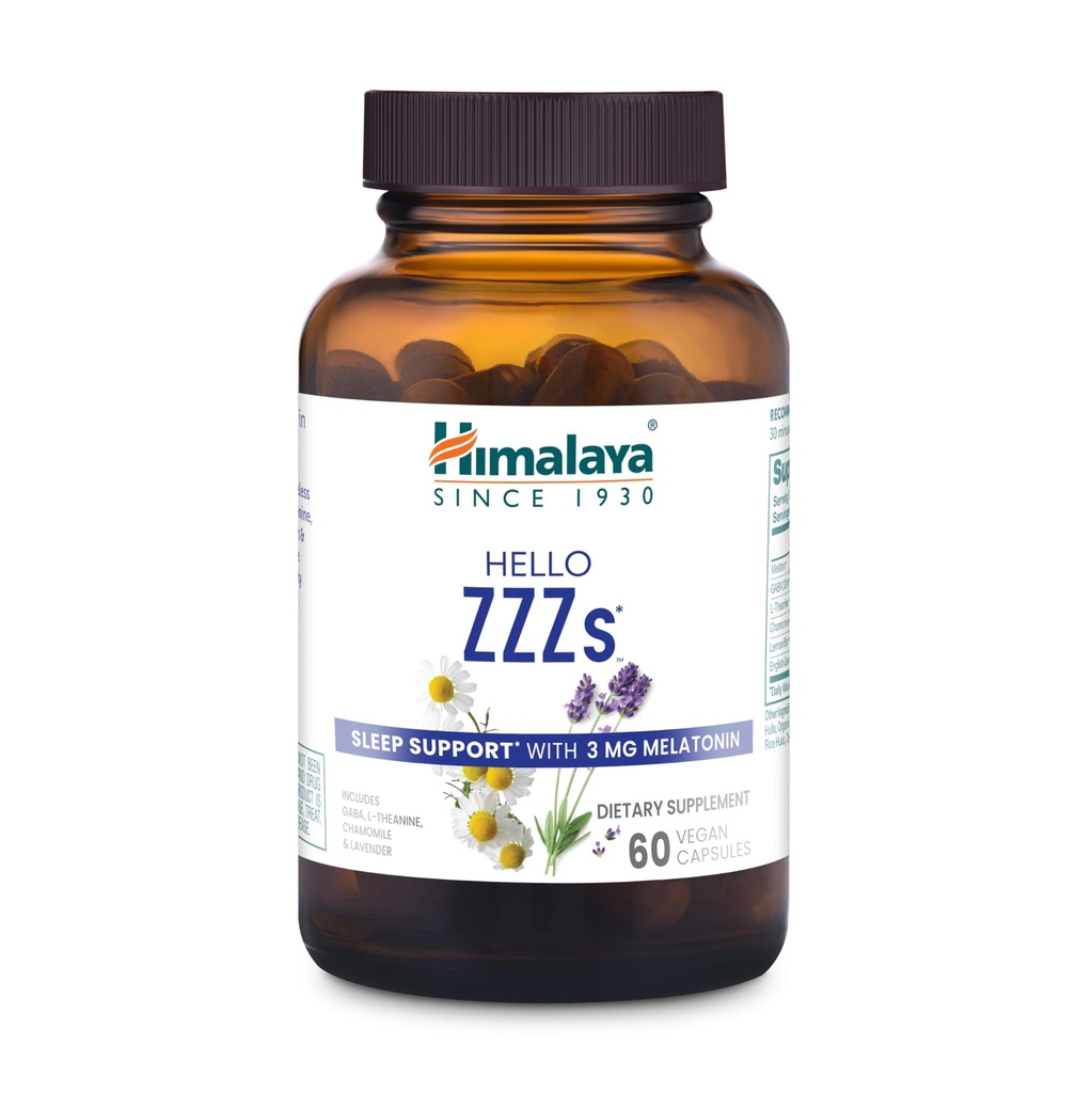 Himalaja Hello ZZZs, 60 Day Supply - Ziołowy suplement senny z melatoniny, GABA, L- Theanine, Lavender, Rumianek i Lemon Balm - Wegan, Non-GMO, Gluten Free, 60 Kapsułki