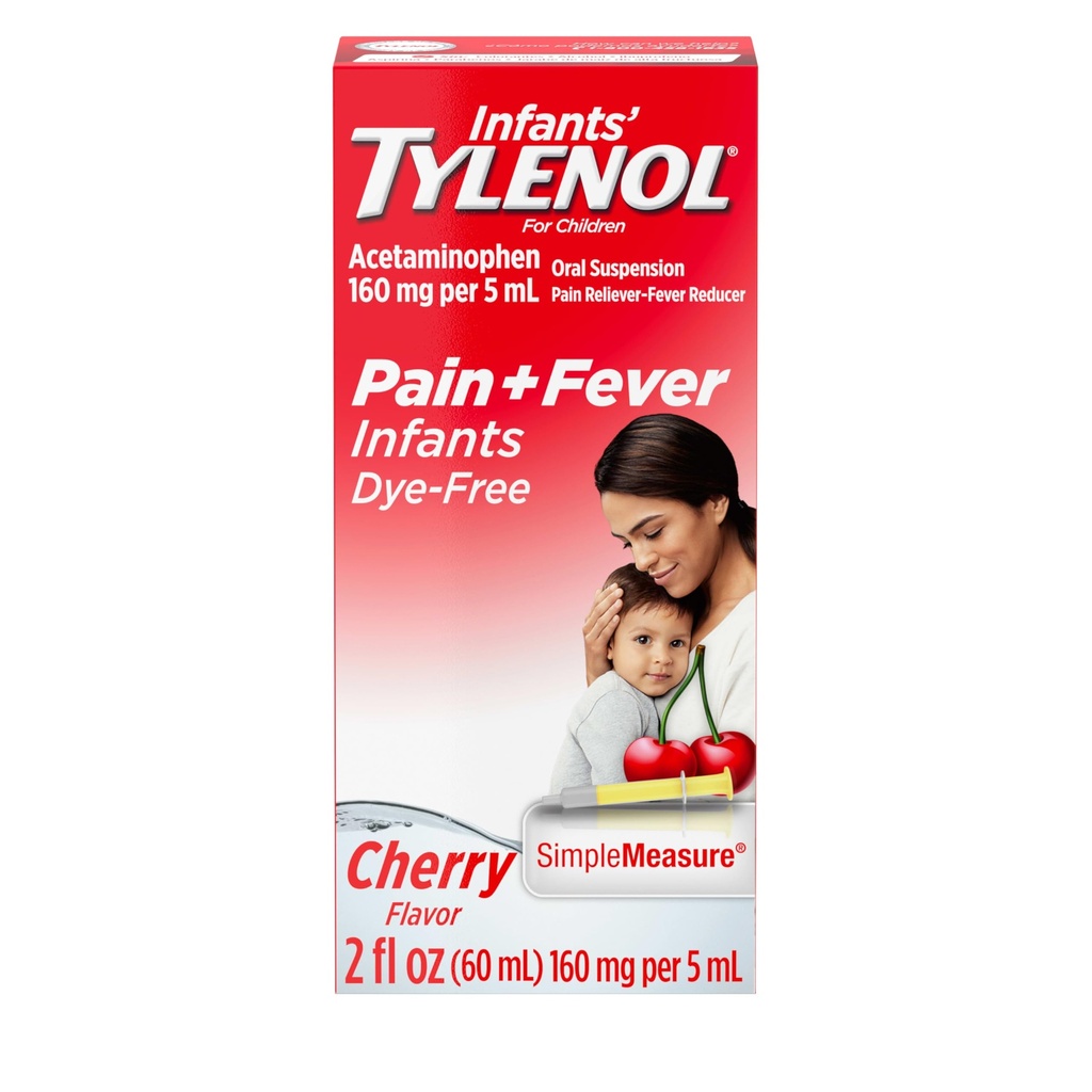 Tylenol Liquid Pain Relief and Fever Medicine, Oral Suspension, Dye- Free Acetaminofen for Sore Throat, Headhead & Teething, Fever Reducer for Kids; Cherry Flavor, 2 fl. oz.; Opakowanie zawierające 1