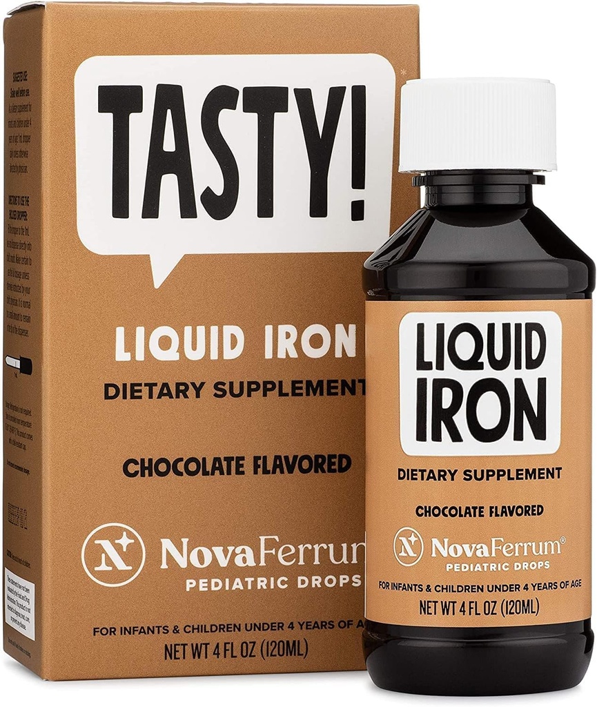 NovaFerrum Smak dla 124; Pediatric Drops Liquid Iron Supplement for Infants, Toddlers & Kids Bits 124; 15 mg żelaza na 1 ml Dawka 124; Wieki 4 & Pod 124; Gluten Free 124; Cukier Free 124; Czekoladowy aromat 124; 120 Sługi