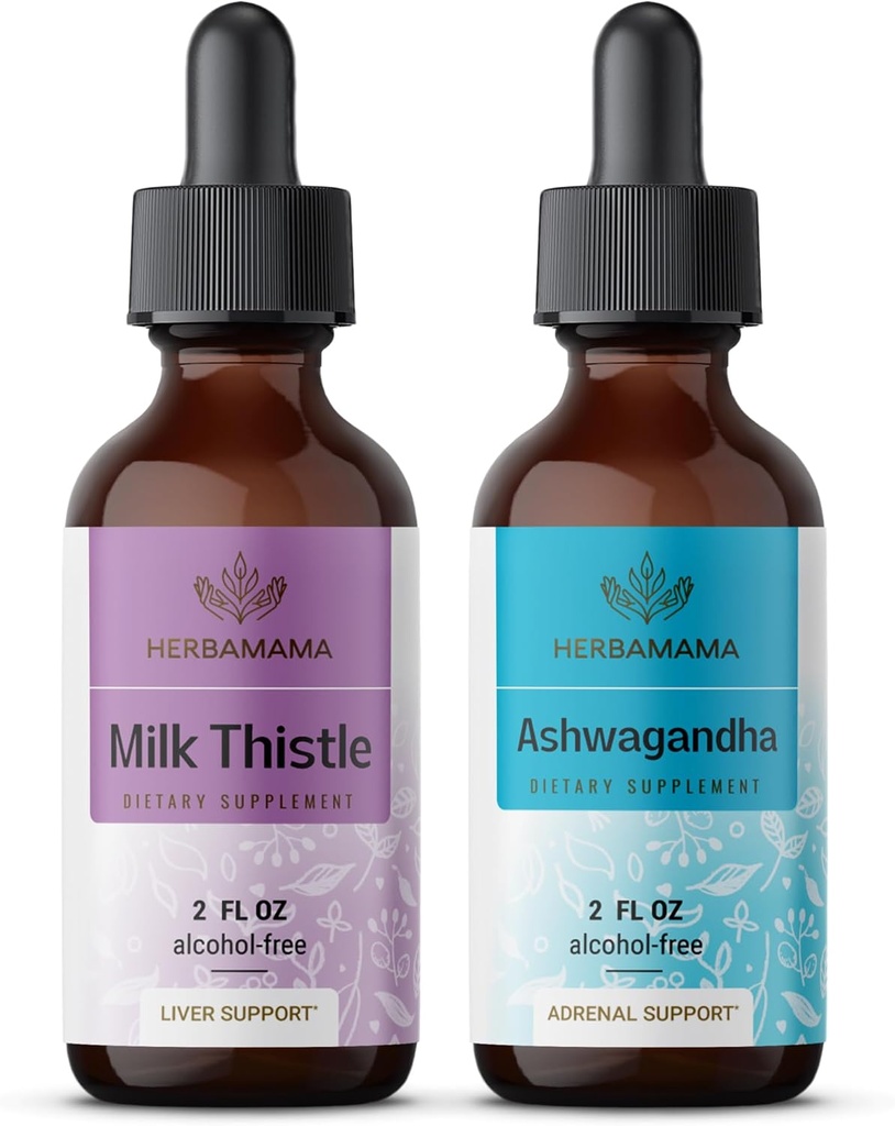 Zestaw ziołowych kropli ziołowych HERBAMAMA - zestaw ekstraktów z mleka i Ashwagandha Root Tincture 2 fl oz - Wegan, Non-GMO, Cukier i Alkohol - 2 opakowania