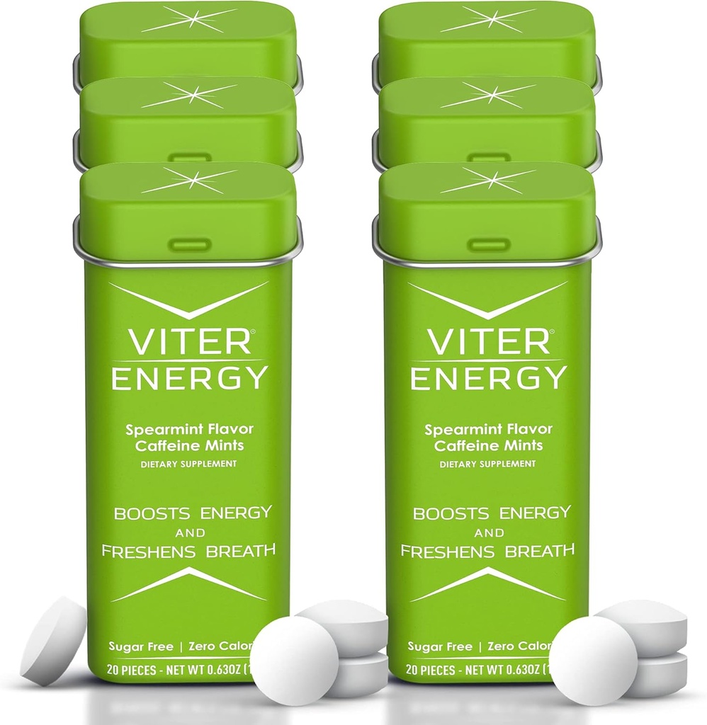 Viter Energy 40mg Kofeina Mints - Bezcukrowe, Witaminy B, Wegan, Wzmacnia szybko energetyzowane Alert Focus, Kofeina Nootropowy Suplement Pigułki (Spearmint Flavor, 20szt, 6 Pack, 120szt Razem)