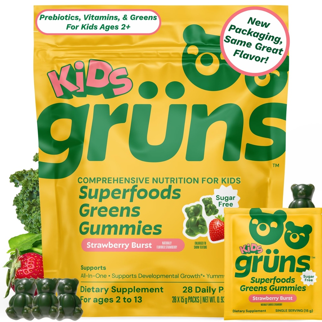 Gruns Multivitamin for Kids, Super Greens Gummies, Superfood Gummy Bears with 20+ Vitamins & Minerals, Spirulina, Chlorella, Alfalfa, Prebiotics Fiber for Digestive Health, Adaptogens Supplement, 28ct