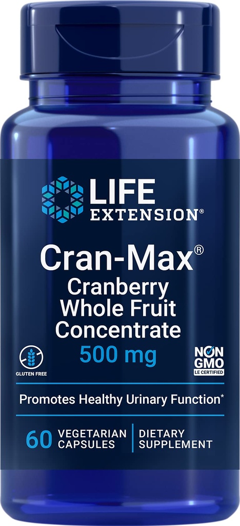 Life Extension Cran- Max ®, 500 mg, Koncentrat całego owocu żurawiny, Promotes Trakt moczowy Zdrowie z mocnych przeciwutleniaczy, Gluten- Free, Wegetarianin, Non-GMO, 60 Kapsułki