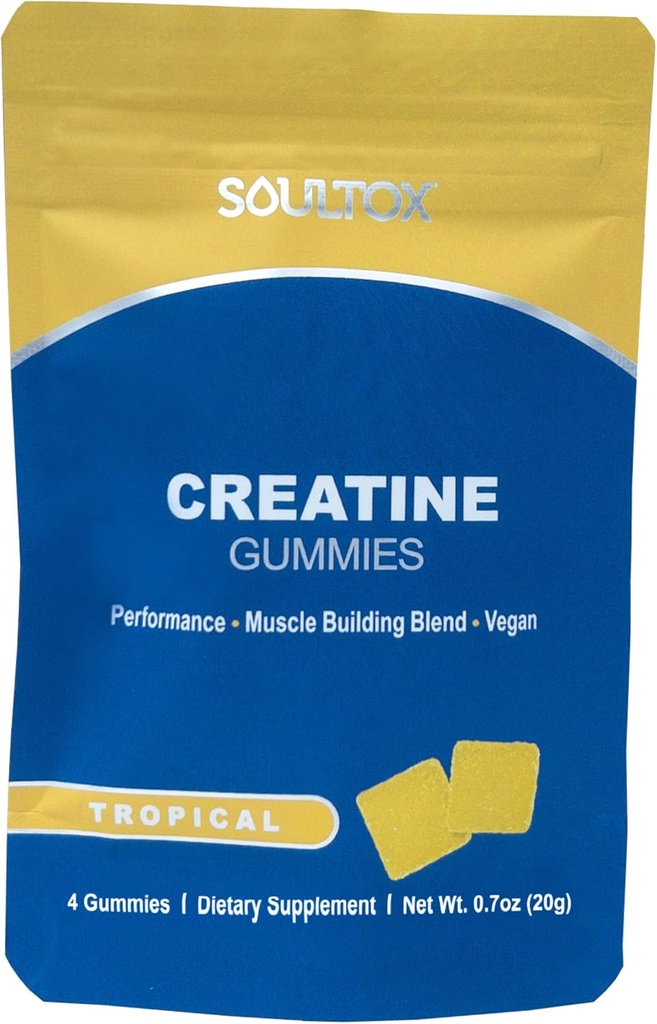 Soultox Creatine Gummy Packs - Tropikalny aromat - Infused with Creatine Monohydrat - Pothent Muscle Growth Support - Delicious & All Natural Vegan Formula for Guilt Free Indulgence - 10 Pack