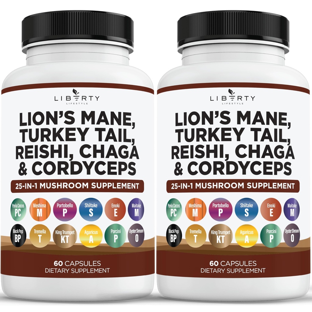 Lions Mane Mushroom Supplement z indyka Ogon Reishi Cordyceps Chaga z Marshmallow Root - 2- Pack