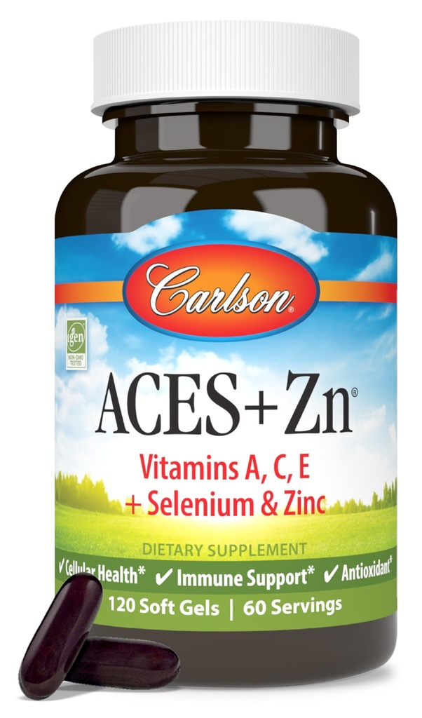 Carlson - ACES + Zn, Witaminy A, C, E + Selen i cynk, Zdrowie komórkowe i wsparcie immunologiczne, Przeciwutleniacz, 120 Softgels