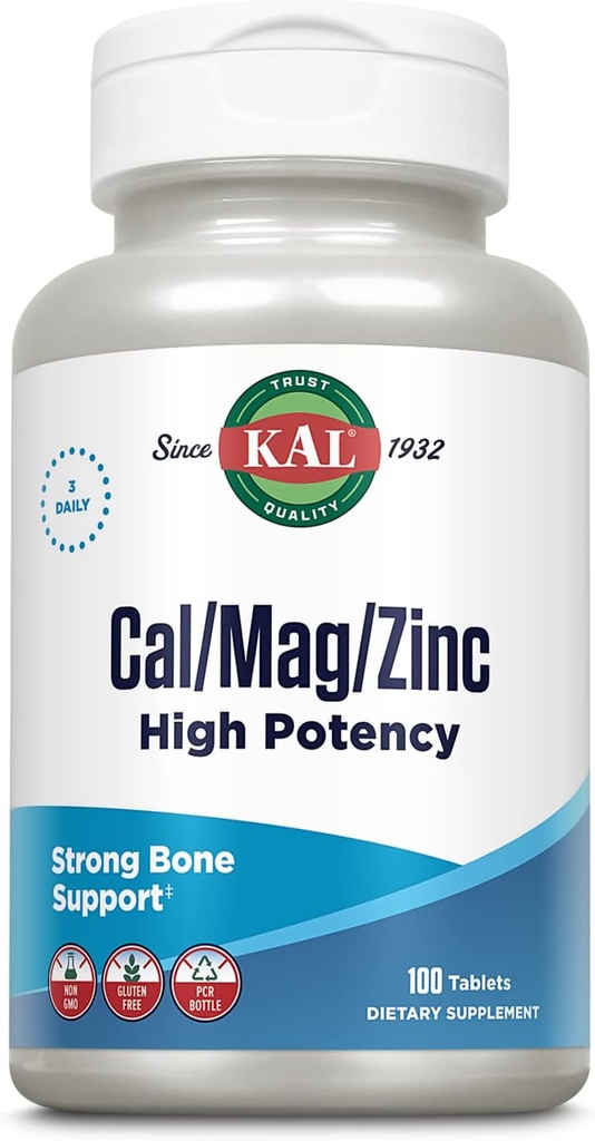 KAL Cal / Mag / cynku 124; 1000mg wapnia, 400mg magnezu i 15 mg cynku 124; kość, mięśnie, serce i wsparcie immunologiczne 124; 100ct, 33 Serv