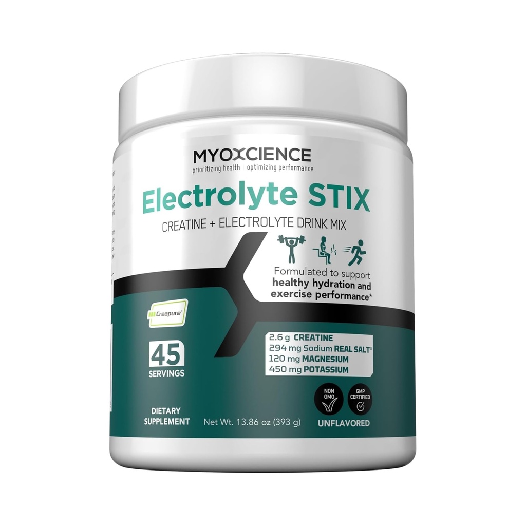 MyoXCIENCE Electrolyte STIX STIX 124; Proszek elektrolitowy kreatynowy 124; Odzysk z ćwiczeń i rozwoju mięśni w / Real Salt (Unflavored) (Jar 45 ct)