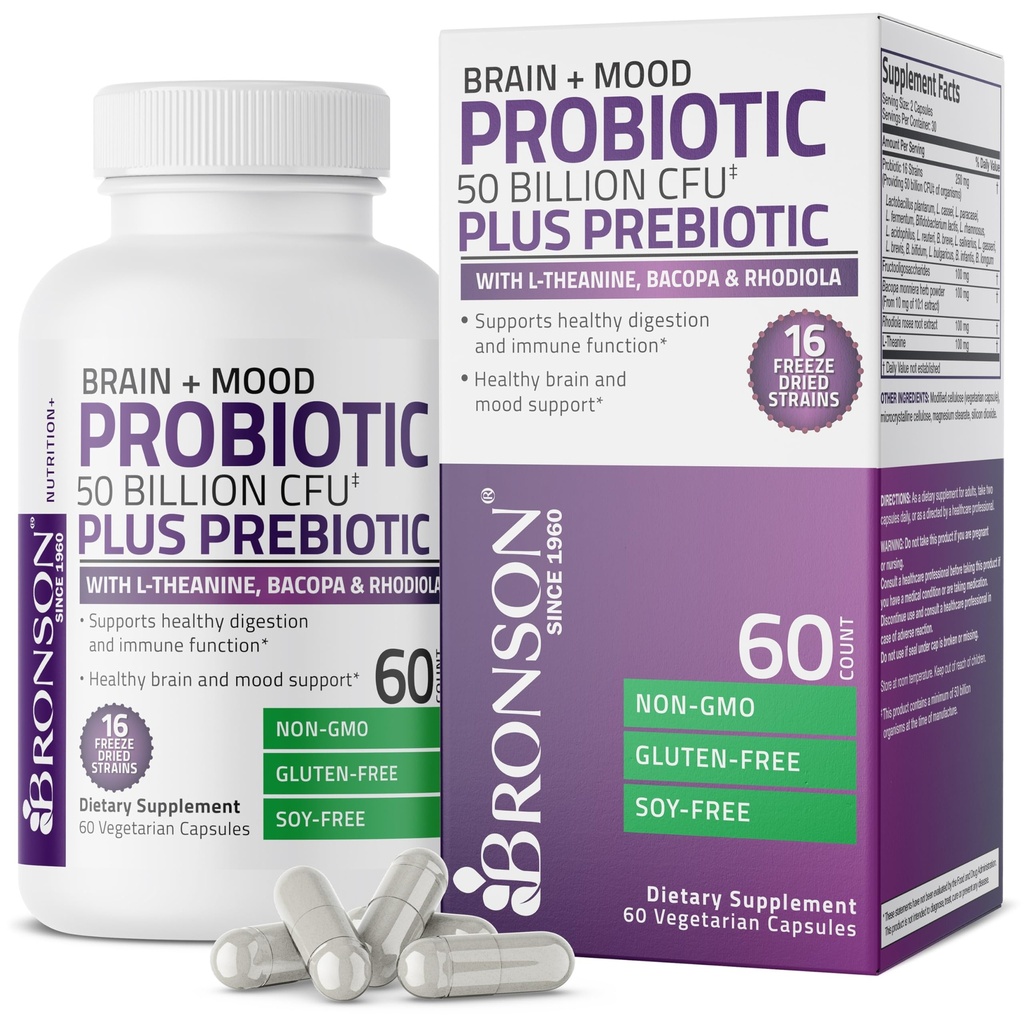 Bronson Brain + Mood Probiotic 50 Miliard CFU Plus Prebiotyk z L- Theanine, Bacopa i Rhodiola Non-GMO, 60 Kapsułki wegetariańskie