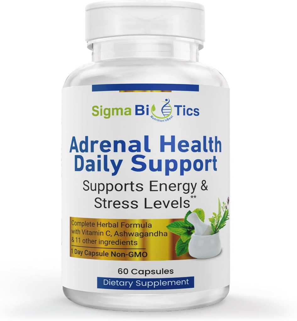 Sigma Biotics Adrenal Health Daily Support - Adrenal Support Supplement with Adaptogenic Herbs, Vitamins, and Amino Acids - Non-GMO Adrenal Complex for Energy and Vitality - 60 Capsules