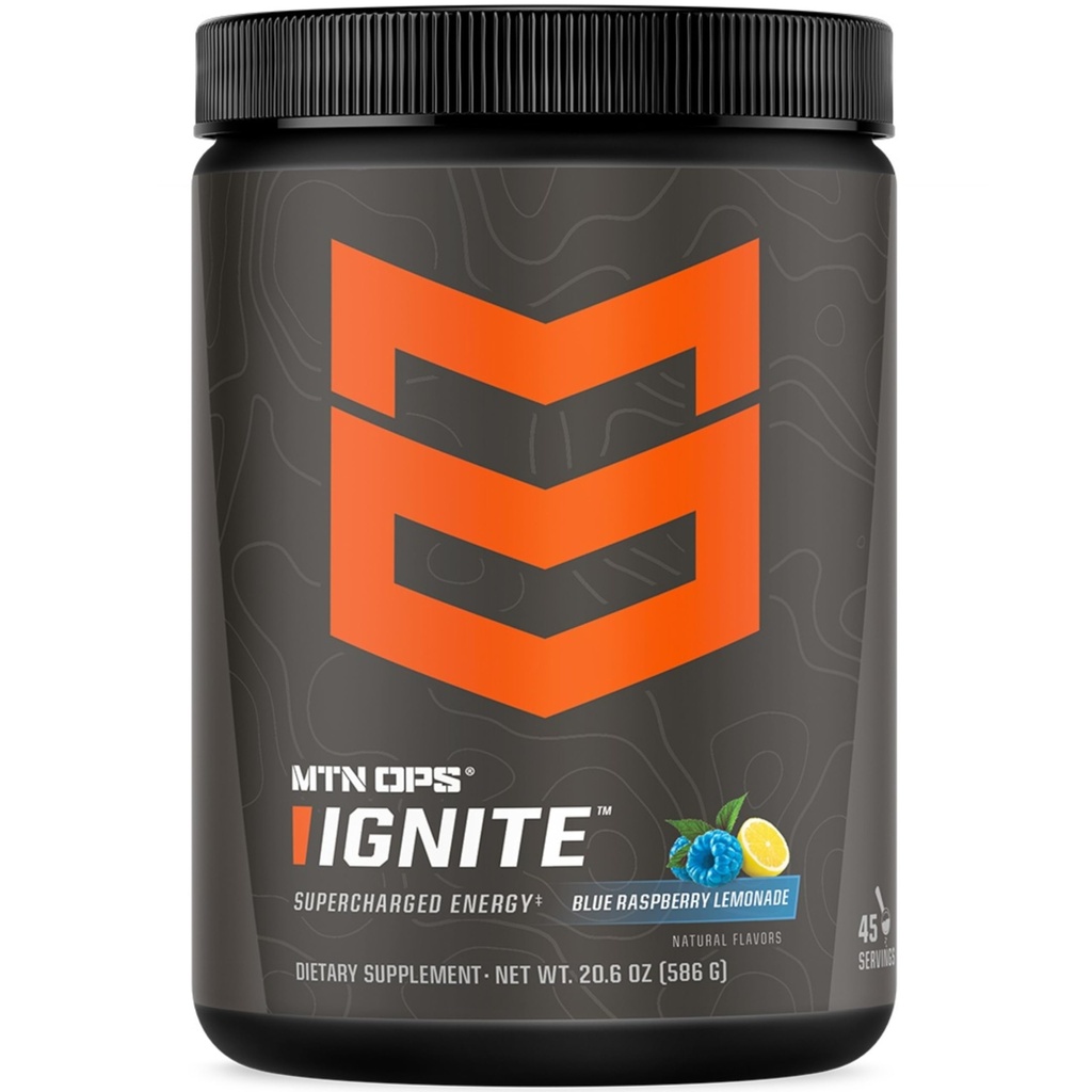 MTN OPS Ignite Energy Drink Powder, Gluten Free Nootropic Supplement Drink Mix, L Arginina, L Cytrulina, Kofeina i Nootropic Sugar Free Drink Mix, 45 Servings, Blue Raspberry Lemonade