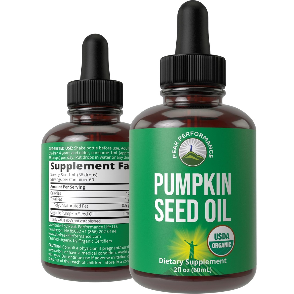 Olej z nasion dyni. USDA Organic Vegan Liquid Drops Extract dla kobiet i mężczyzn. Suplement do wzrostu włosów, Zdrowie skóry, UT, Wsparcie prostaty. Zero Sugar, Gluten Free.