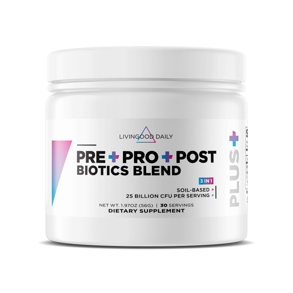 Livingood Daily Pre Pro Post Biotics mieszanka proszku, suplement do zdrowia z prebiotyki z organicznej niebieskiej Agave Inulina, Probiotyki SBO, Probiotyki dla kobiet i mężczyzn, Nie GMO, Wegan, 30 Sług