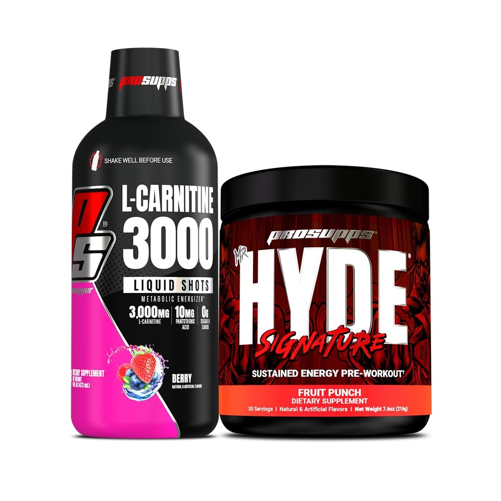 PROSUPPS L- Carnitine 3000 Stymulant Free Liquid Shots (Berry) i Hyde Signature Series Pre- Workout Energy Drink proszkowany (Fruit Punch) Bundle