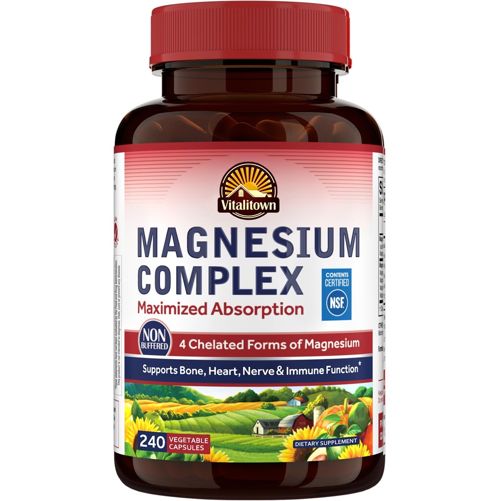 Vitalitown Magnezu Complex Supplement 500mg, Maksymalna absorpcja, NSF Certyfikowany Chelatowany Glycinat magnezu, Malate, Taurate & Citrate for Sleep, Energy & Heart, Wegan, Non-GMO 240 Czapki