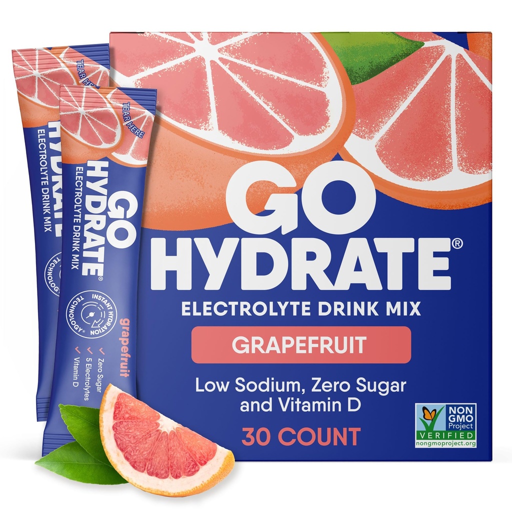 GoHydrate Niski poziom elektrolitów sodu w proszku Pakiety cukrowe - Natychmiastowa Hydration Daily Drink Mix - Zero Sugar Water Flavor Packet Singles z witaminą D - (Grejpfrut, 30 opakowań)