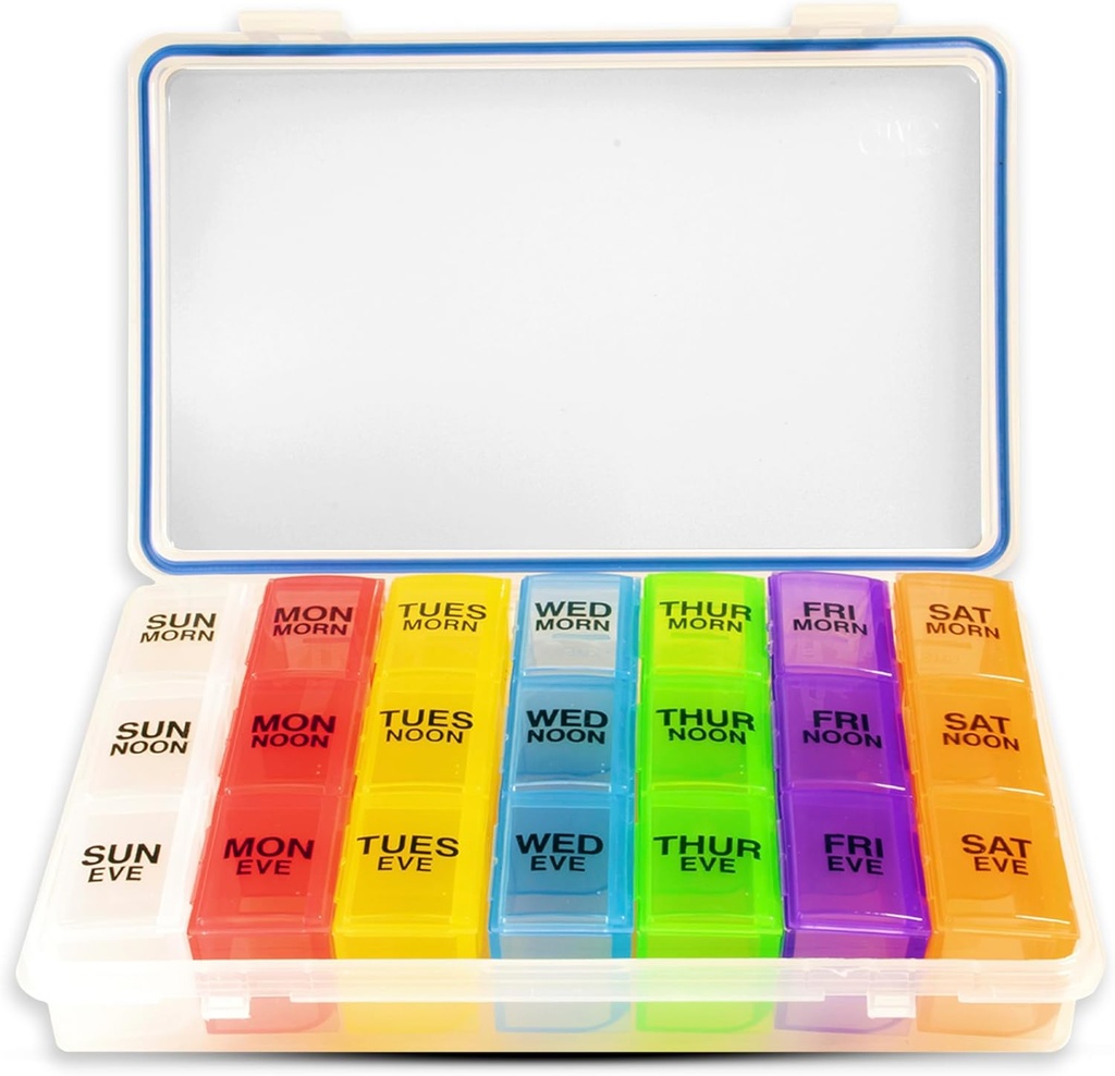 GMS 7- Day 3- Times- a- Day Pill Organizator - Z codziennych pojemników na leki usuwalne, Nadaje się do stosowania witaminy i leków - Bezpieczny, Sturdy, Waterproof Weekly Tablet Organizator, Idealny Pill Box do podróży