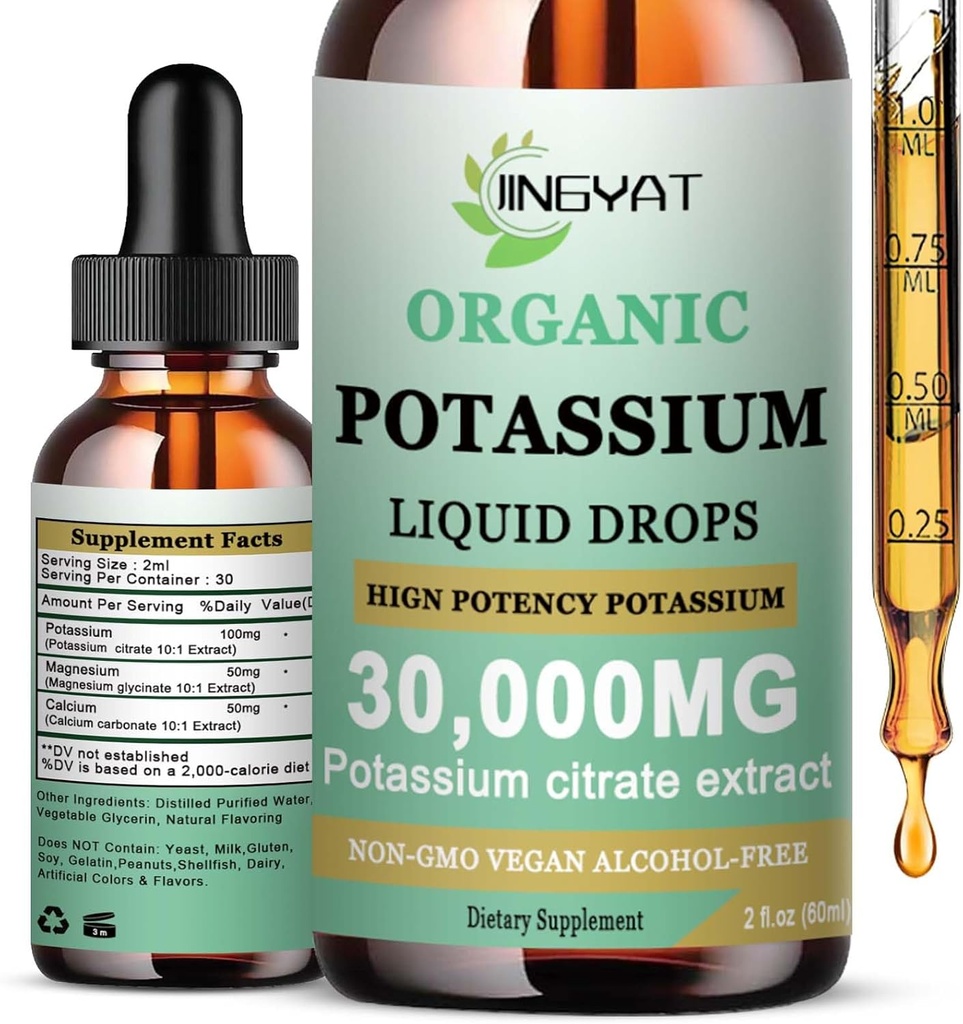 Potasu Magnezu płynne krople - Organiczny płyn suplement - Wysoka absorpcja Potasu Cytrynian 1000mg Magnezu Glicynian 500mg Wapnia do Serca, Kurcze nóg i mięśni - Non-GMO, Wegan, 2 oz