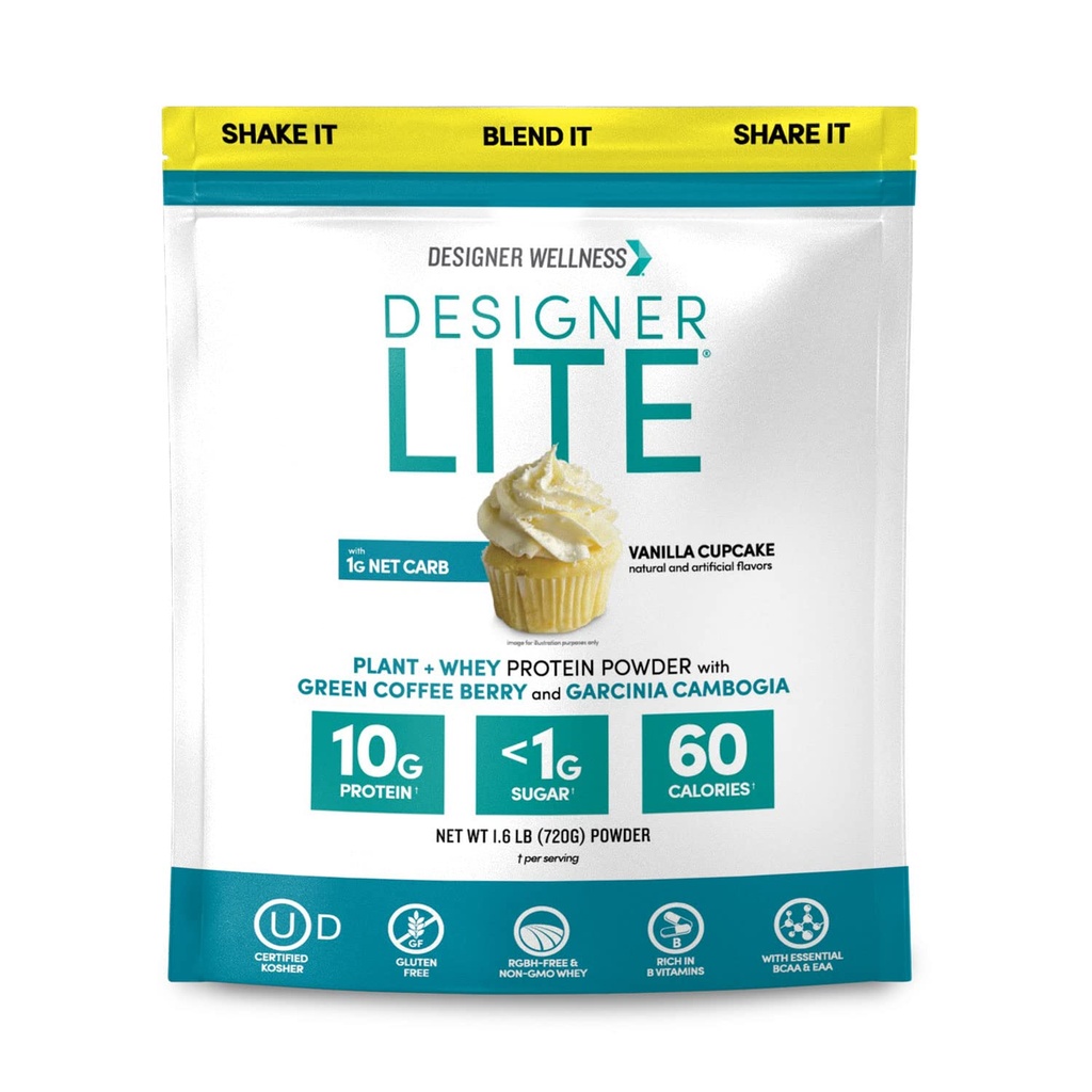 Designer Wellness, Designer Lite, Low Calorie Natural Protein, Fiber prebiotyczny, Kluczowe witaminy i minerały, Vanilla Cupcake, 25.6 Ounces