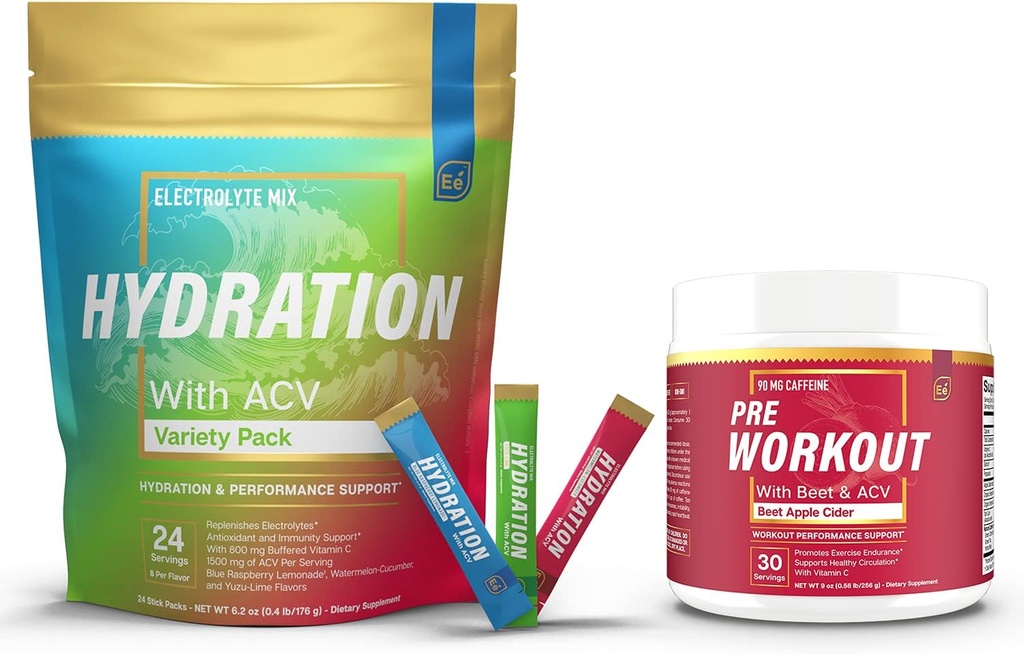 Wolne od cukru opakowania proszkowe Odmiana - 24 Pakiety stick & PreWorkout Proszek z ACV 124; Ciepło, Ćwiczenia, Podróże, Codziennie Hydration + Superfood Energy & All- Naturalny tlenek azotu Booster Plus Kofeina