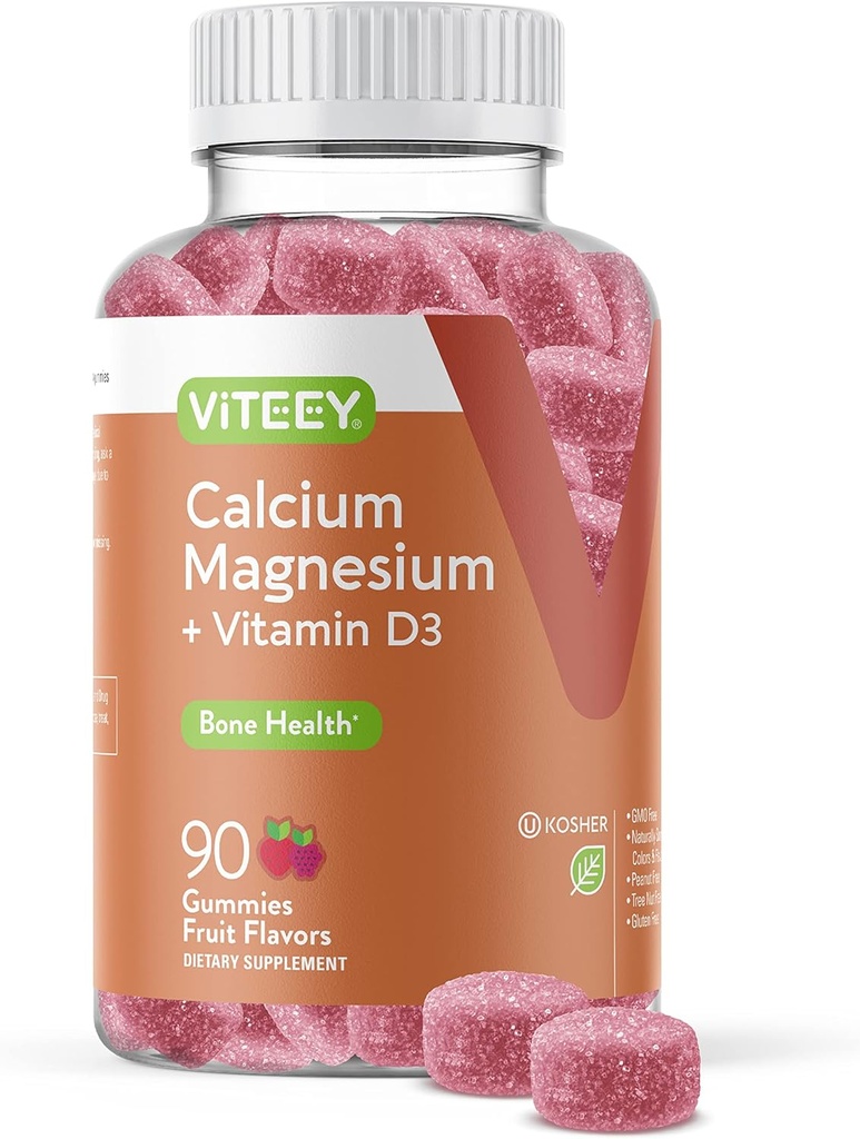 Gummy wapniowe Viteey z witaminą D3 i suplementem magnezu dla zdrowia kości - suplementy wapnia do żucia dla kobiet i mężczyzn - Bez glutenu, Nie-GMO - 90 Liczba