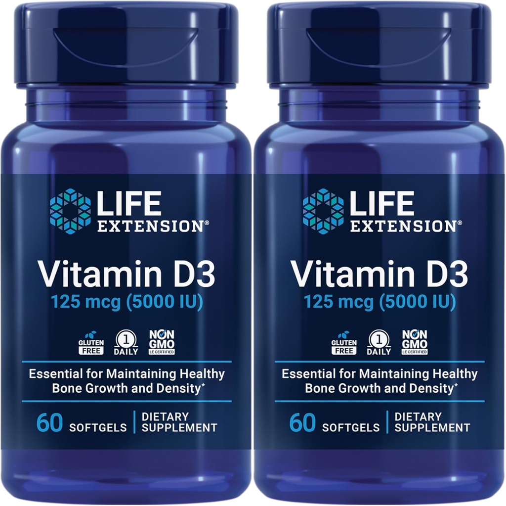 Life Extension Witamina D3 125 Mcg (5000 Iu) - Promotes Bone Health, Brain Health and Immune Function - Non-GMO - Gluten- Free - Two Pack - 2 x 60 Softgels