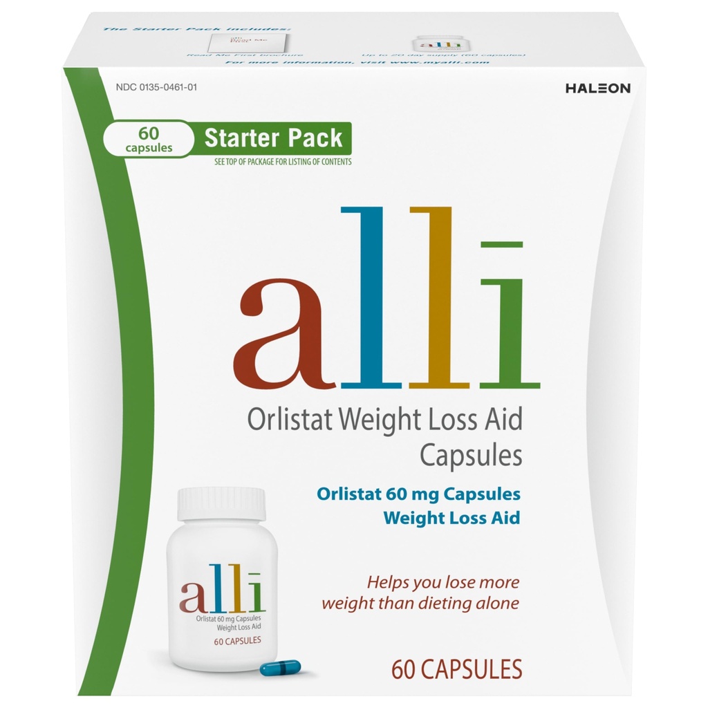 Alli Dieta Utrata masy ciała Pigułki, Orlistat 60 mg Kapsułki Starter Pack, Bez recepty pomoc odchudzania, 60 liczba (Opakowanie po 1)