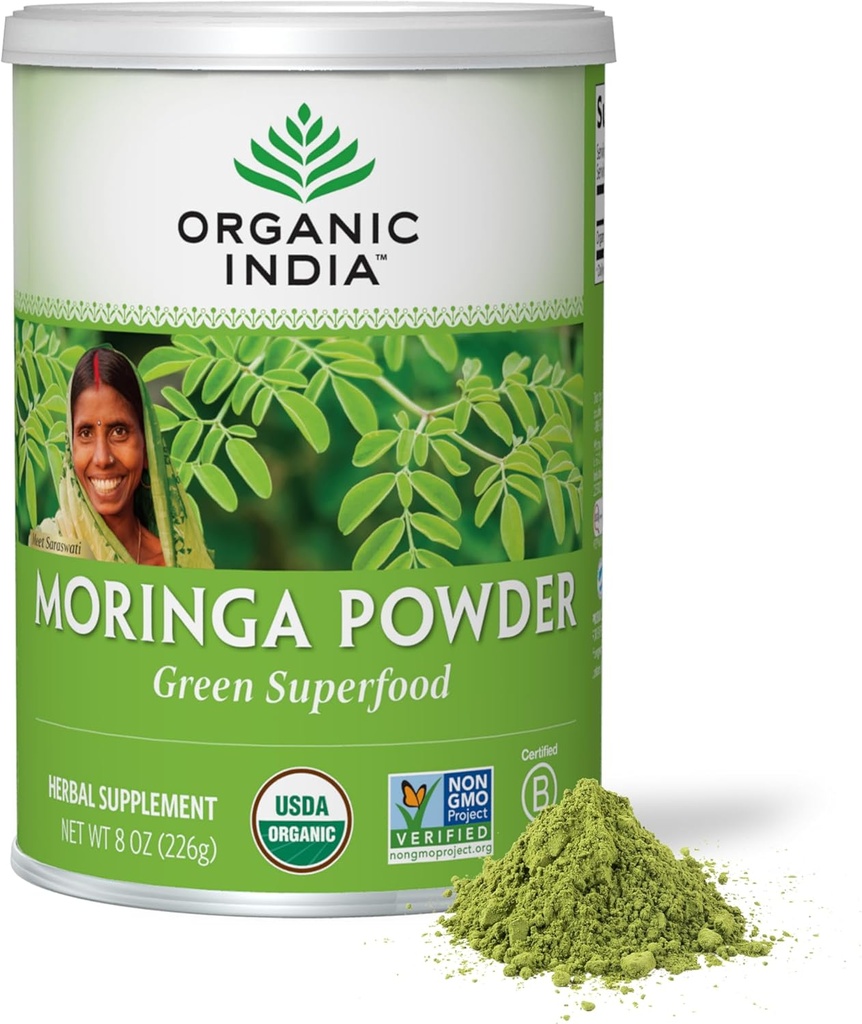 ORGANIC INDIA Moringa proszek - Moringa Oleifera Liść Herbal Supplement, Green Superfood, Nutricent Dense, Białko roślin czystych, Witamina A, E, K, Żelazko, Wapń, Fiber, Wegan, USDA Certified Organic - 8 oz