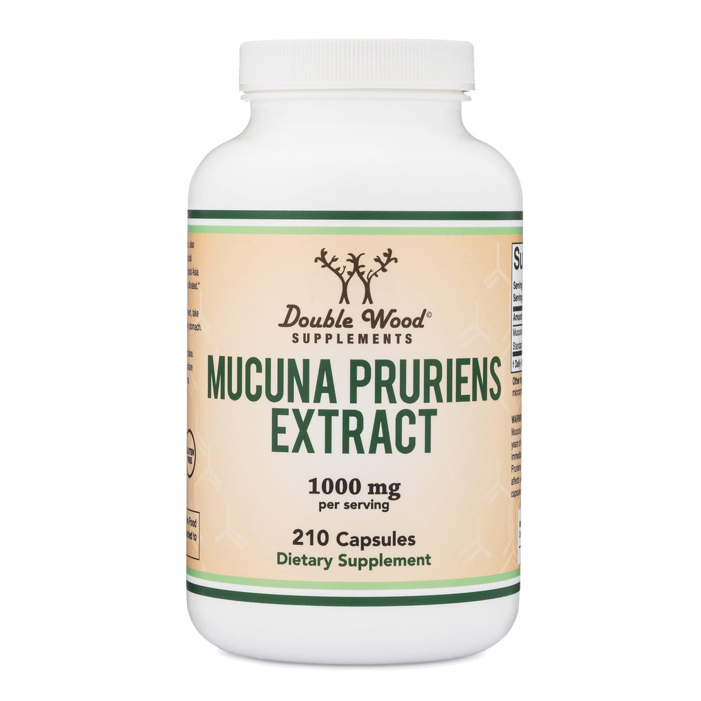 Mucuna Pruriens Extract Kapsułki - Dopamina Suplement do Bostowania - 210 Count, 1000 mg Per Serving, 20% (z Velvet Bean) (dla Mood and Motivation Support) Trzecia strona Tested by Double Wood